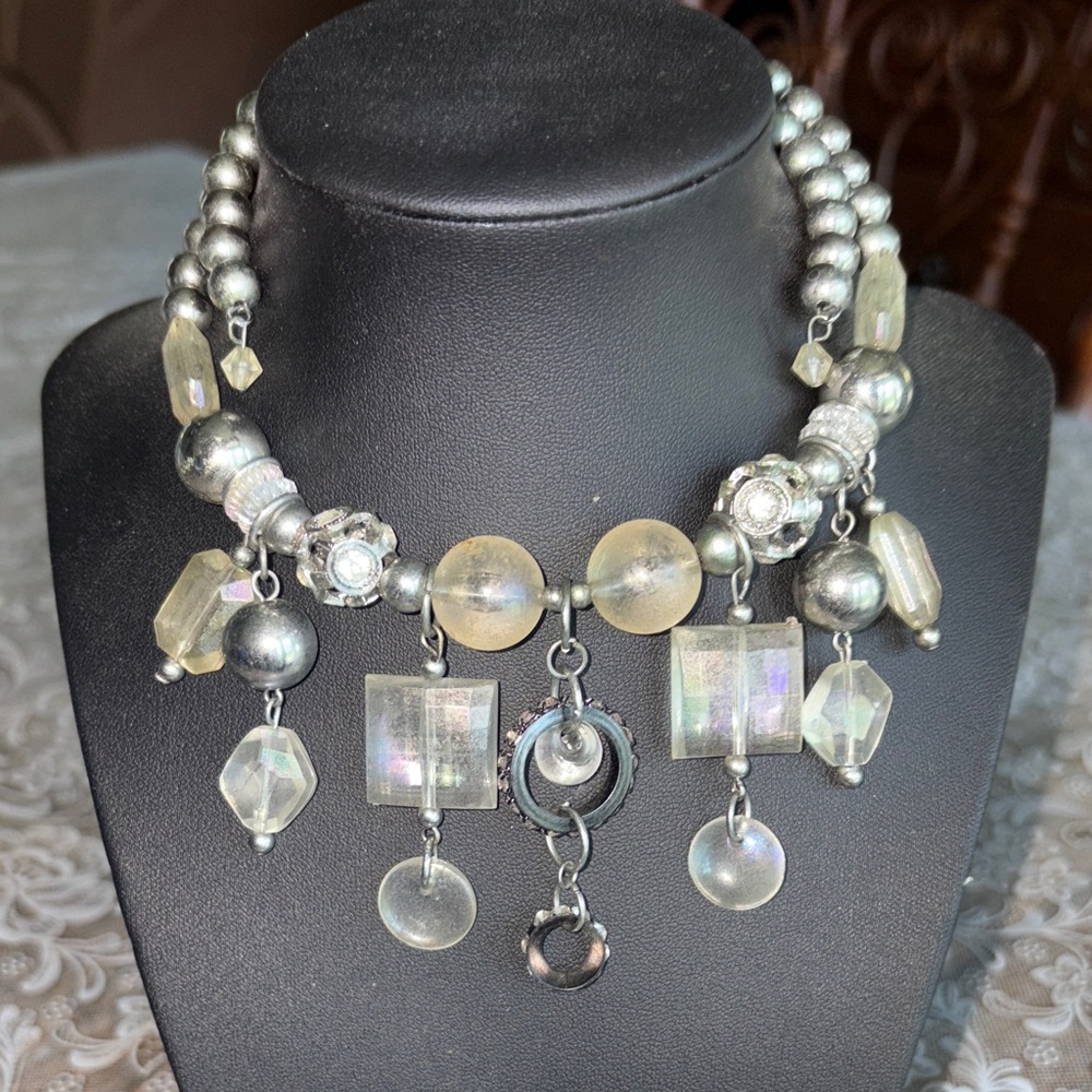 Elegant Silver and clear Beaded Necklace that wraps around the neck.  $19